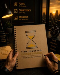 Time Invested, Future Earned Typography Graphic T-Shirt – Success Takes Time